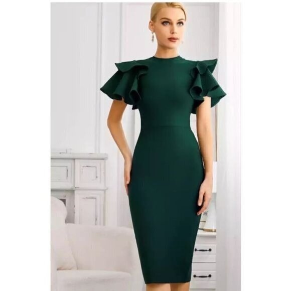Green Midi Bandage Dress with Ruffles Short Sleeve and a high neck Dress - Picture 9 of 10